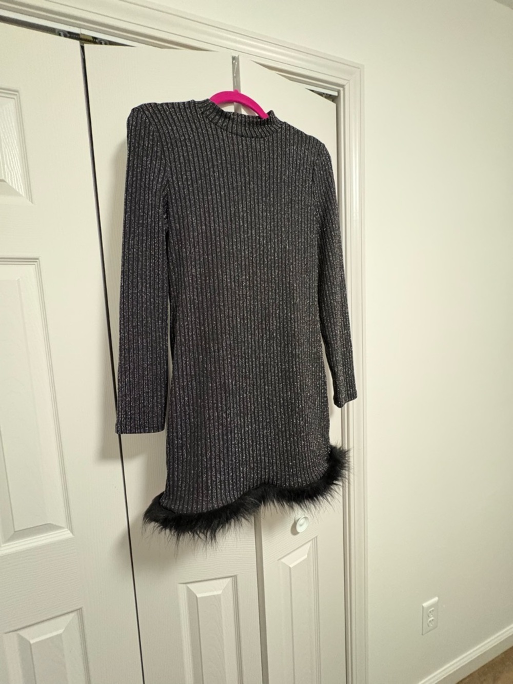 Sparkle Ribbed Sweater Dress with Faux Fur Hem - Black/Silver